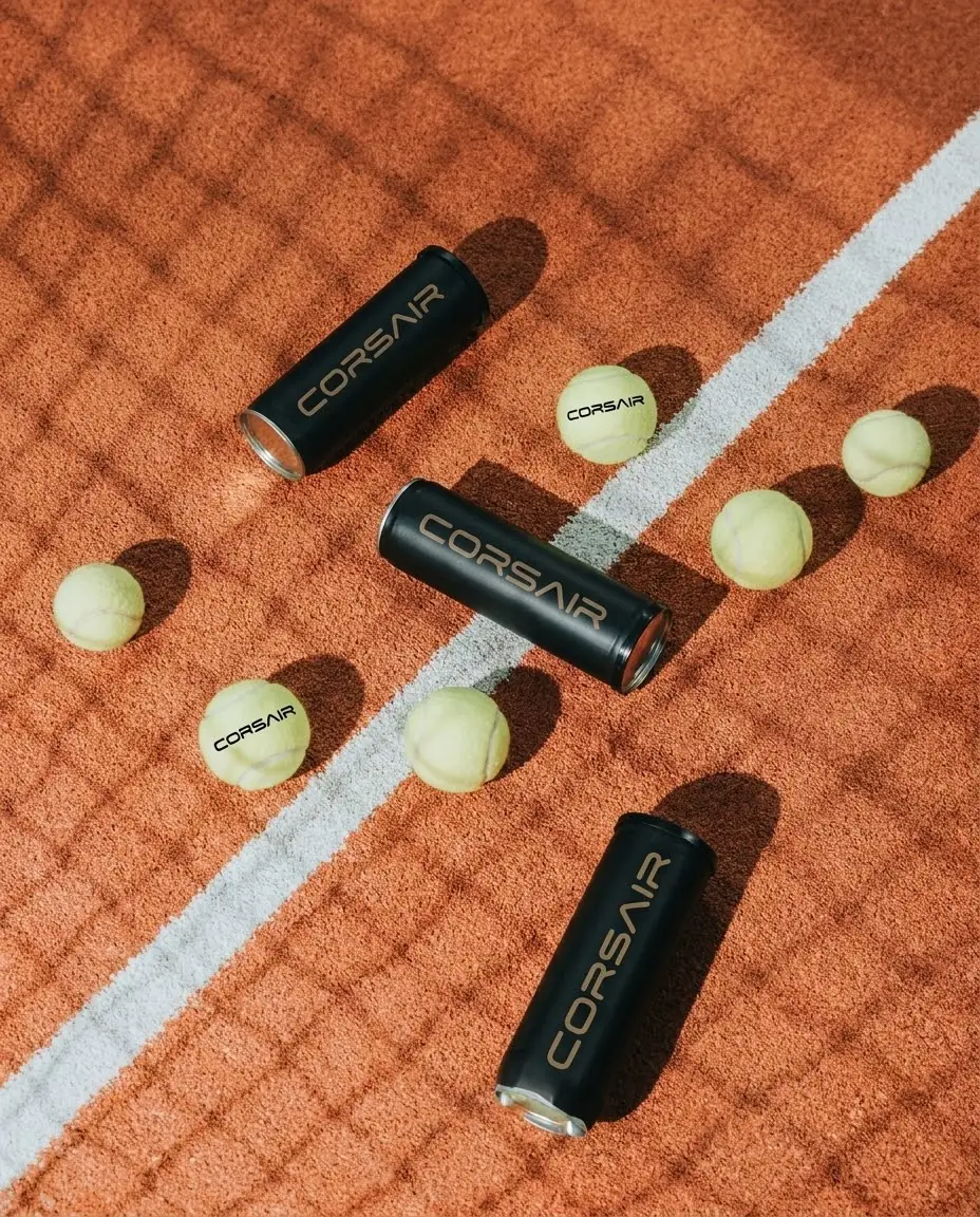Three black Corsair tubes and loose ORB balls, two carrying the Corsair wordmark, on a clay court crossed by a white line and the shadow of the fence